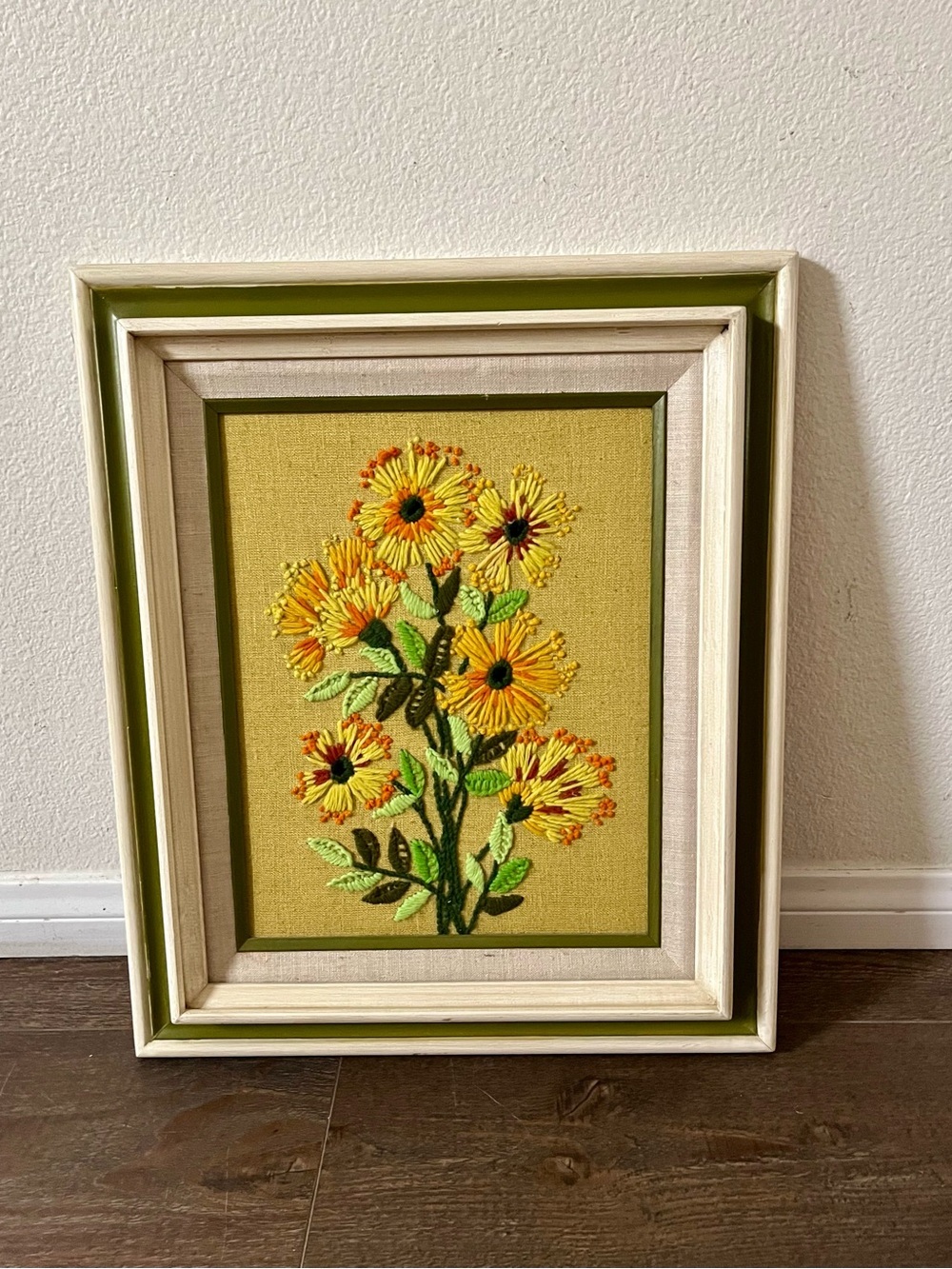 1970s framed needlepoint Stitched wall art 16/20 Inches